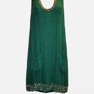 French Connection Green Beaded Silk Mini Dress Womens Size 6